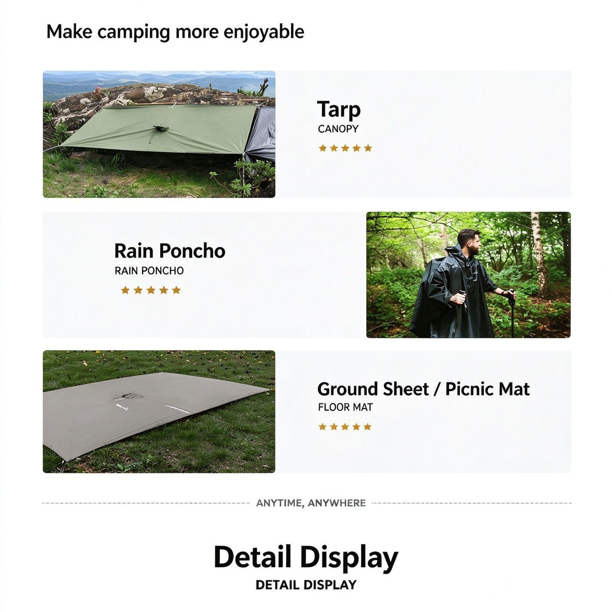 3-in-1 Waterproof Rain Poncho, Ground Sheet & Tarp – Reflective Hiking Poncho, Grey