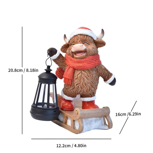 Highland Cow Christmas Sleigh Solar Light – Resin Garden Statue with Lantern