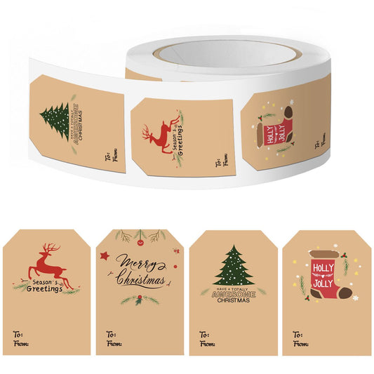 Kraft Christmas Gift Tag Stickers – 600 Labels (2 Rolls) with To/From Area