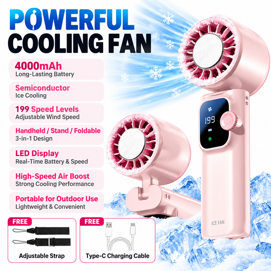 Handheld Turbo Fan with Ice Cooling Plate – 199 Speeds, 4000mAh Rechargeable, Pink