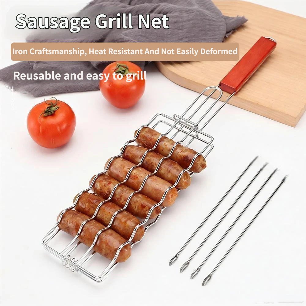 BBQ Sausage Grilling Basket with 4 Skewers – Flip 6 Snags at Once