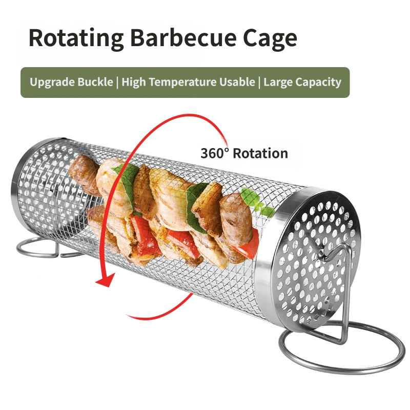 Rolling BBQ Grill Basket – 360° Stainless Steel Mesh Cylinder for Veggies & Prawns