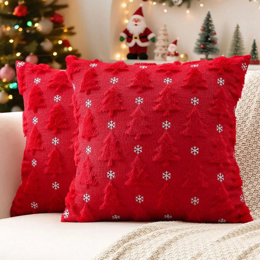 Christmas Tree Faux Fur Cushion Covers 2-Pack – Red Jacquard 45 × 45 cm