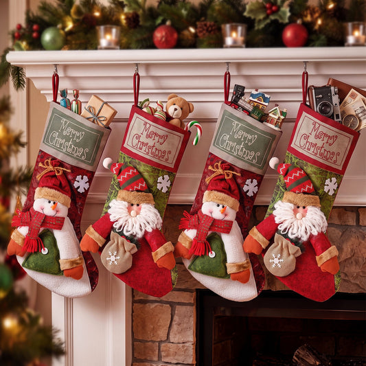 Set of 4 large 3D plush Christmas stockings